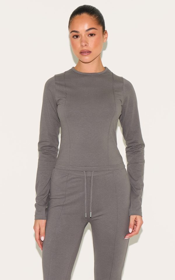 Charcoal  Cotton Seam Detail Long Sleeve Top