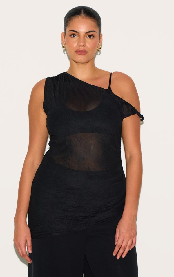 Plus Black Crinkle Mesh Twist Sleeve Detail Long Top