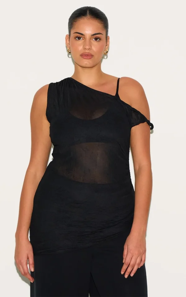 Plus Black Crinkle Mesh Twist Sleeve Detail Long Top