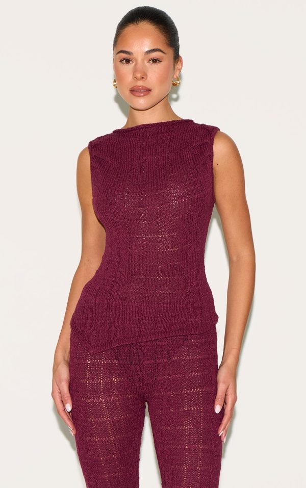 Wine Textured Filigree Knit Boat Neck Asymmetric Hem Vest Top
