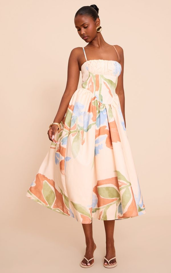 Blue Abstract Floral Ruched Bust Corset Strappy Midaxi Dress