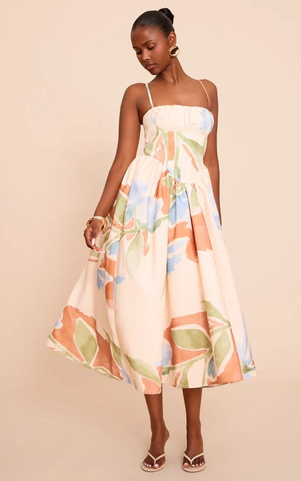 Blue Abstract Floral Ruched Bust Corset Strappy Midaxi Dress