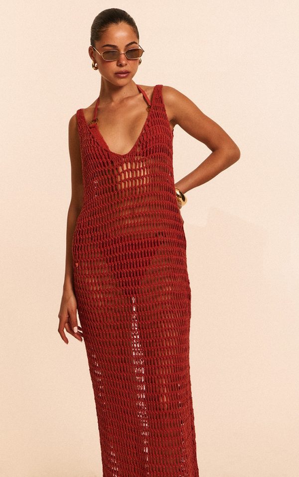 Rust Crochet Sleeveless Maxi Beach Dress