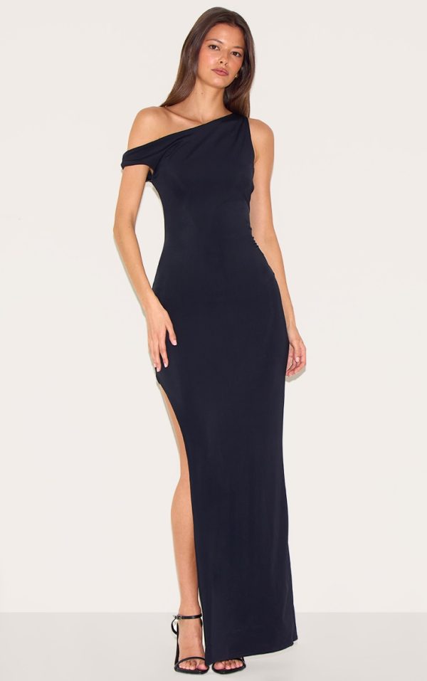 Black Matte Sculpt Asymmetric Neck Maxi Dress
