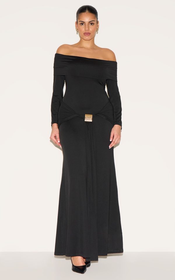 Plus Black Bardot Long Sleeve Trim Drape Detail Maxi Dress