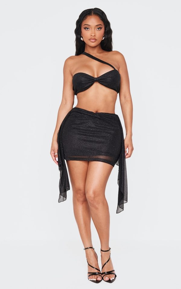 Shape Black Glitter Deep V Front Drape Side Mini Skirt