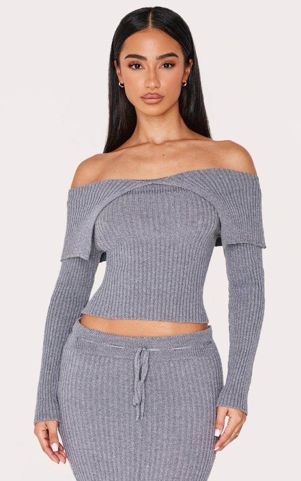 Petite Charcoal Fold Over Detail Knit Top