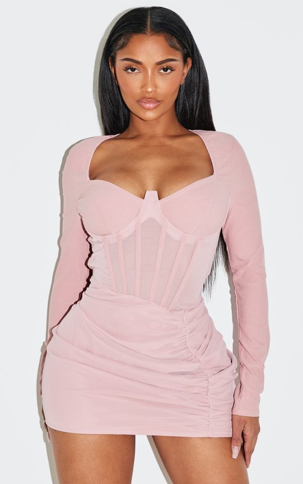 Shape Rose Mesh Insert Corseted Ruched Side Mini Dress