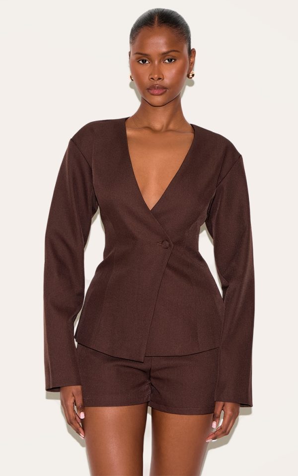 Deep Chocolate Tailored Cinched Waist Asymmetric Blazer