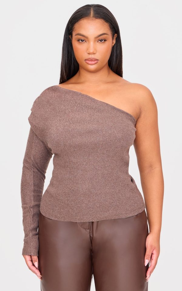 Plus Chocolate Brushed Rib Asymmetric Shoulder Long Top