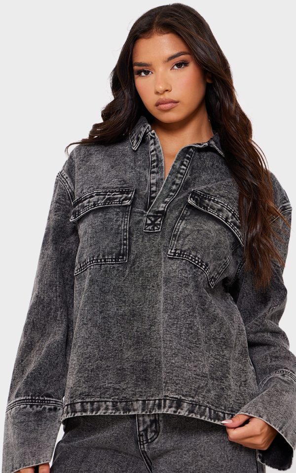 Grey Pocket Detail Open Long Sleeve Shirt