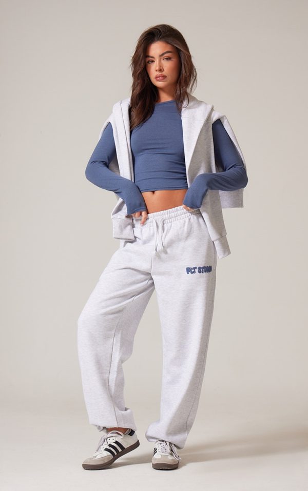 PRETTYLITTLETHING Ash Grey Premium Studio Print Cuffed Sweatpants
