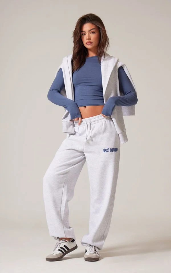 PRETTYLITTLETHING Ash Grey Premium Studio Print Cuffed Sweatpants