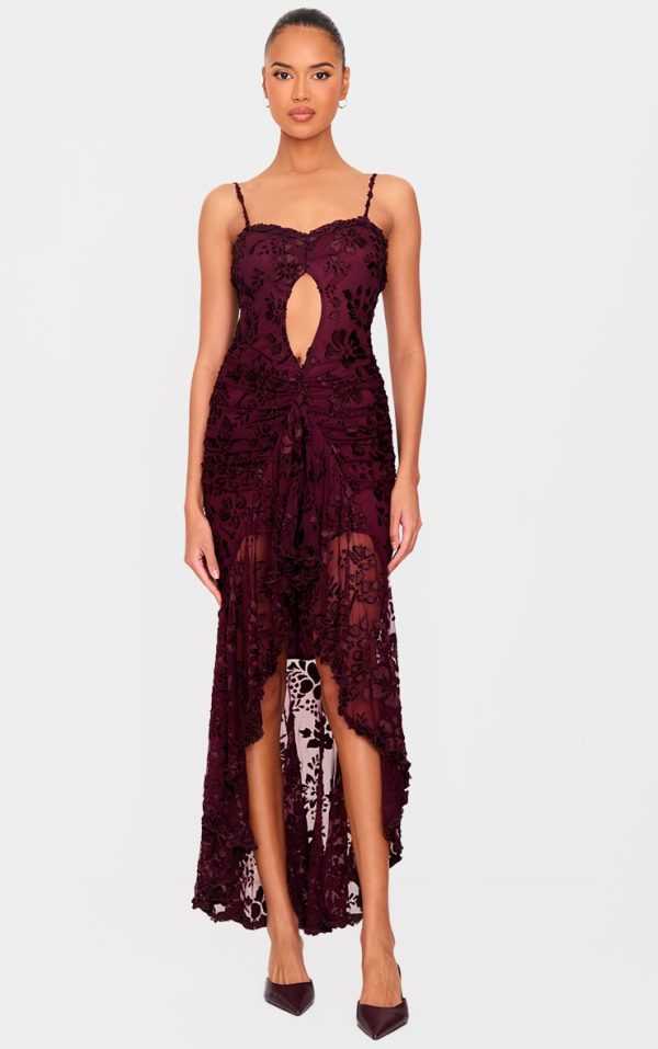 Cherry Red Devore Cut Out Frill Detail Dress