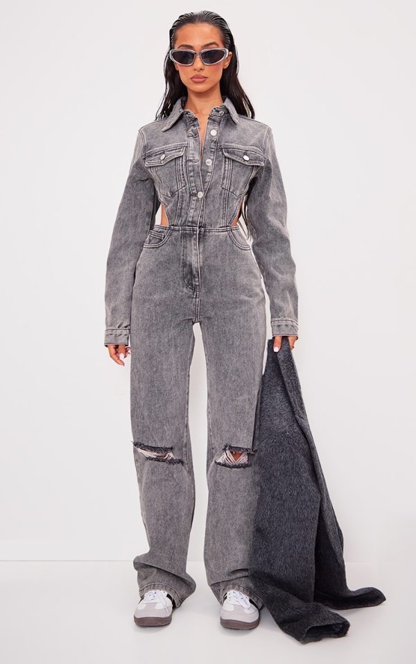 Petite Washed Grey Denim Ripped Knee Jumpsuit