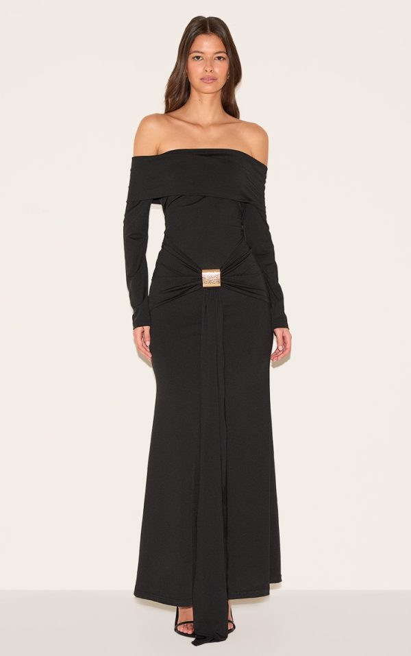 Black Bardot Long Sleeve Trim Drape Detail Maxi Dress