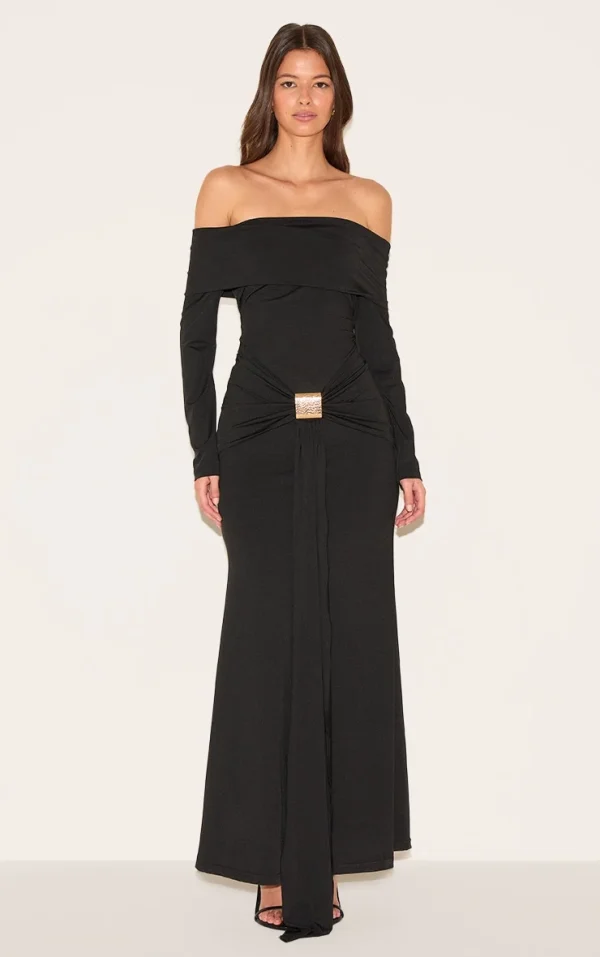 Black Bardot Long Sleeve Trim Drape Detail Maxi Dress