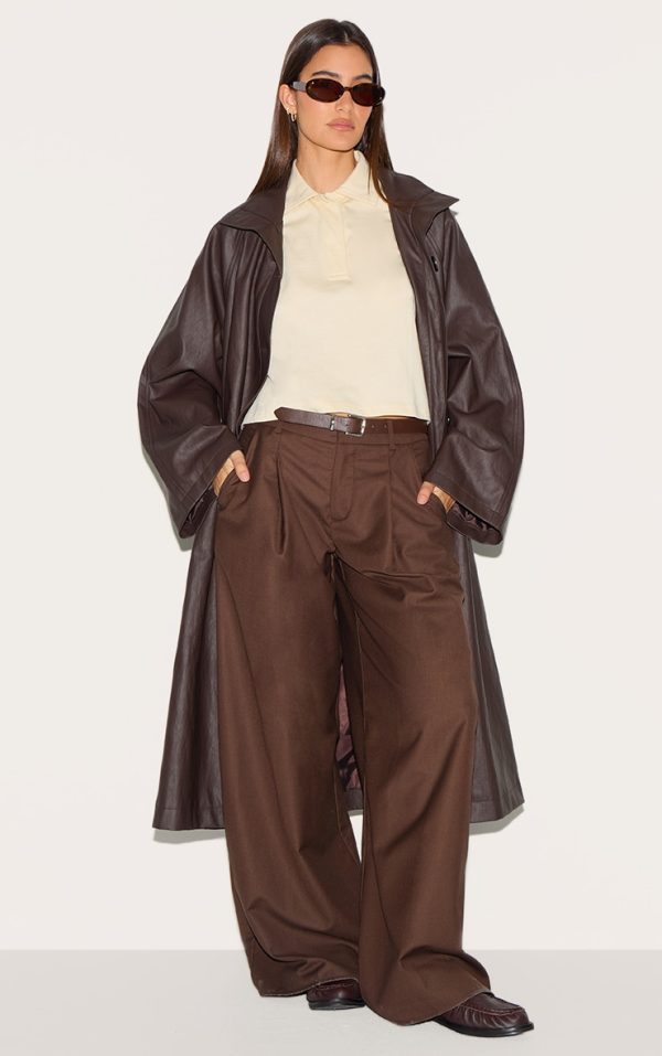 Brown Funnel Neck Faux Leather Trench Coat