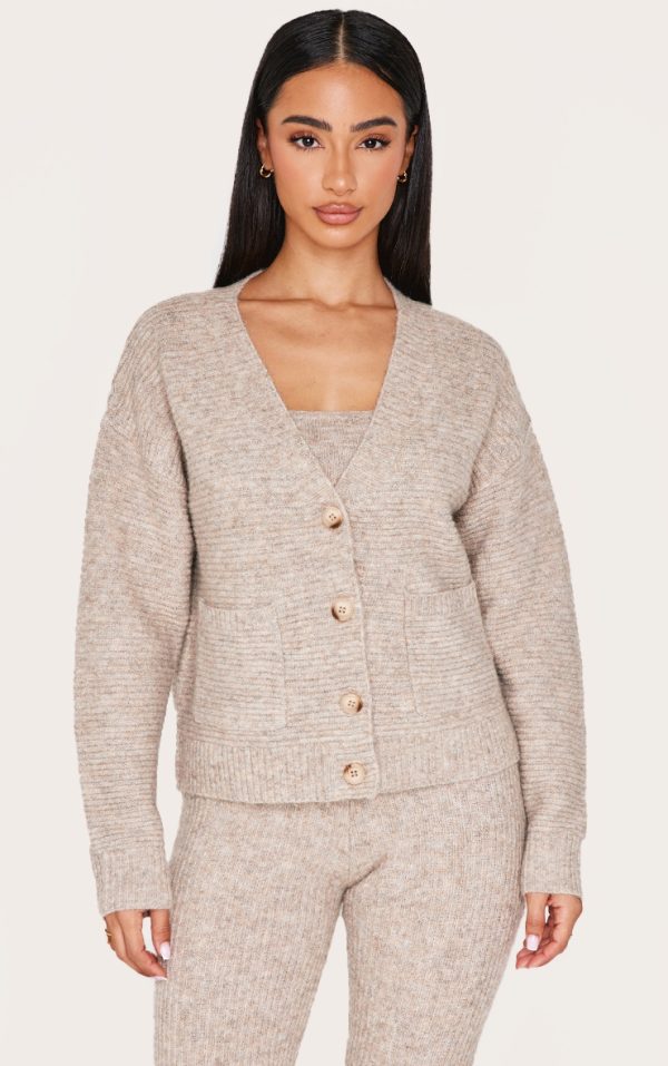 Petite Taupe Rib Knit Oversized Cardigan
