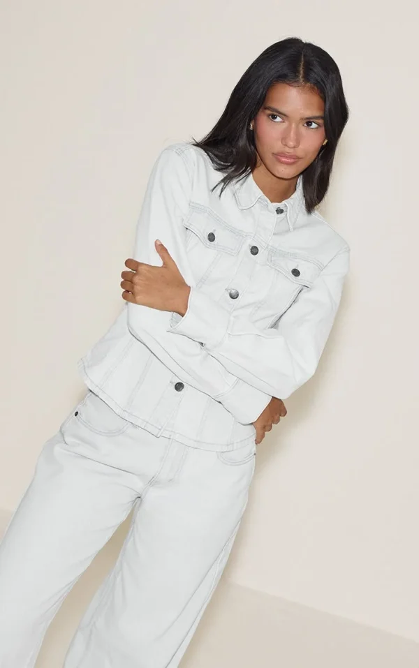 Ice Blue Long Sleeve Cinch Waist Denim Jacket