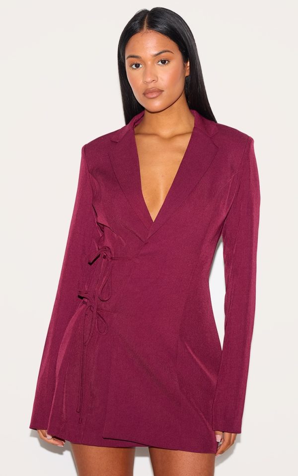 Tall Burgundy Tie Front Detail Cinched Blazer Dress