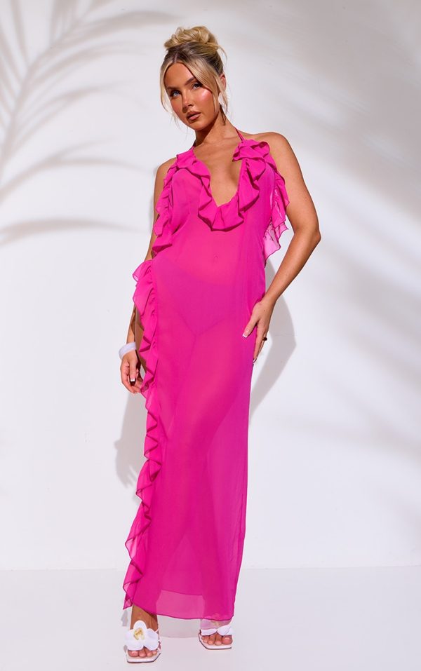 Pink Frill Chiffon Maxi Beach Dress
