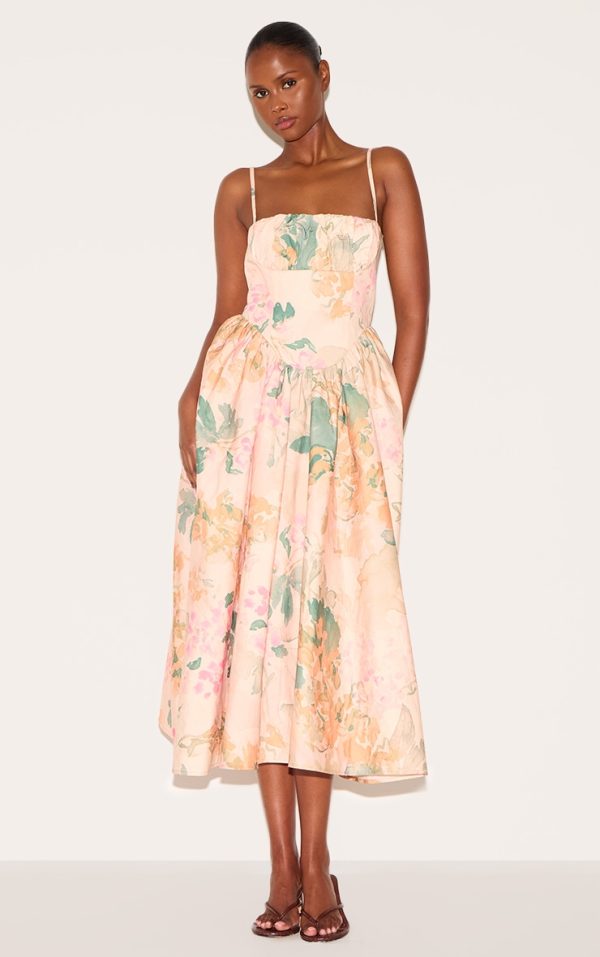 Pink Abstract Floral Ruched Bust Corset Strappy Midaxi Dress