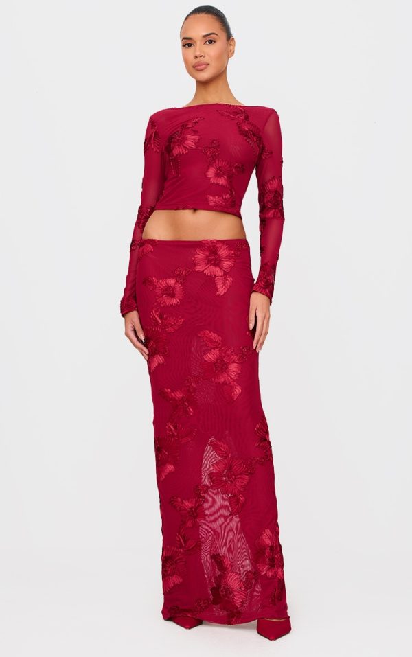 Burgundy Floral Jacquard Maxi Skirt