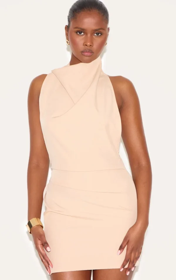Natural High Neck Cowl Backless Bodycon Dress
