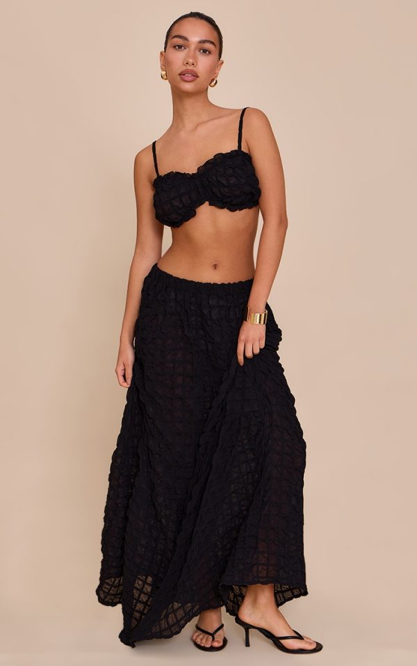 Black Textured Shirred Maxi Skirt