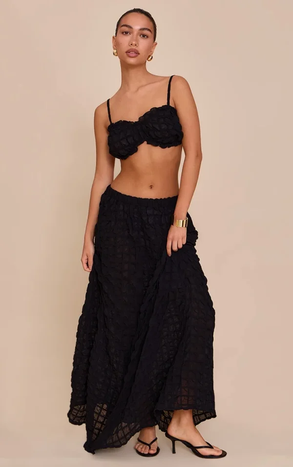 Black Textured Shirred Maxi Skirt