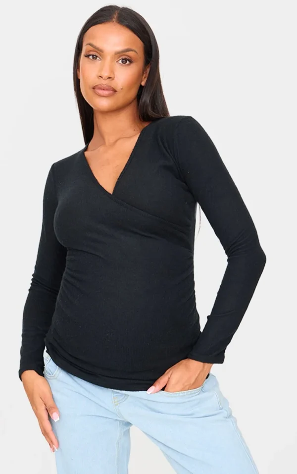 Maternity Black Brushed Rib Ruched Top