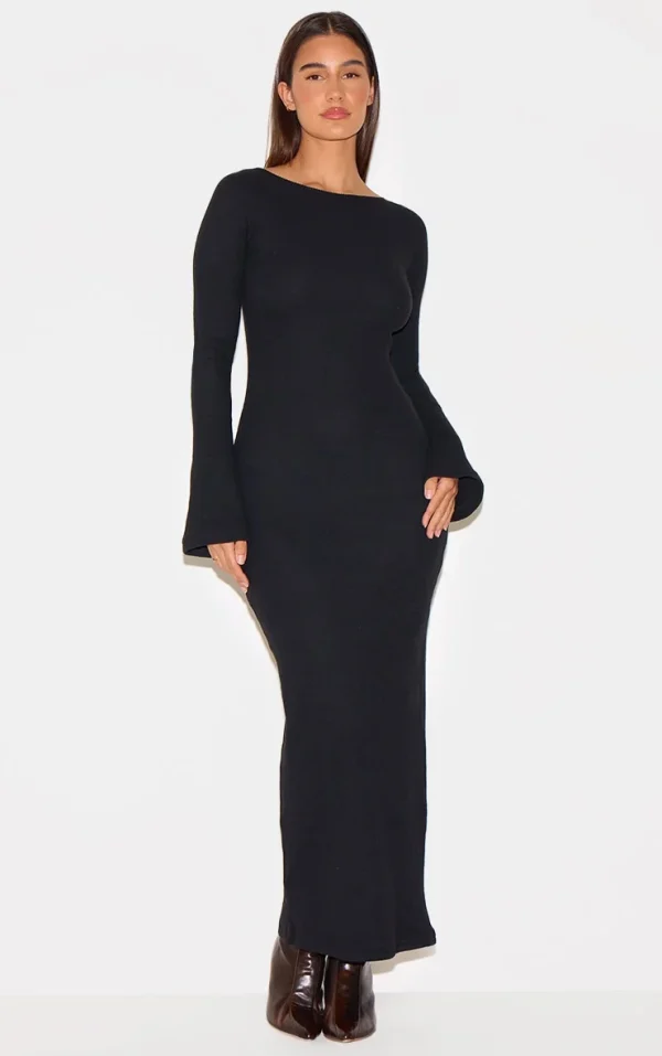 Black Heavy Brushed Rib Flared Sleeve Maxi Dress