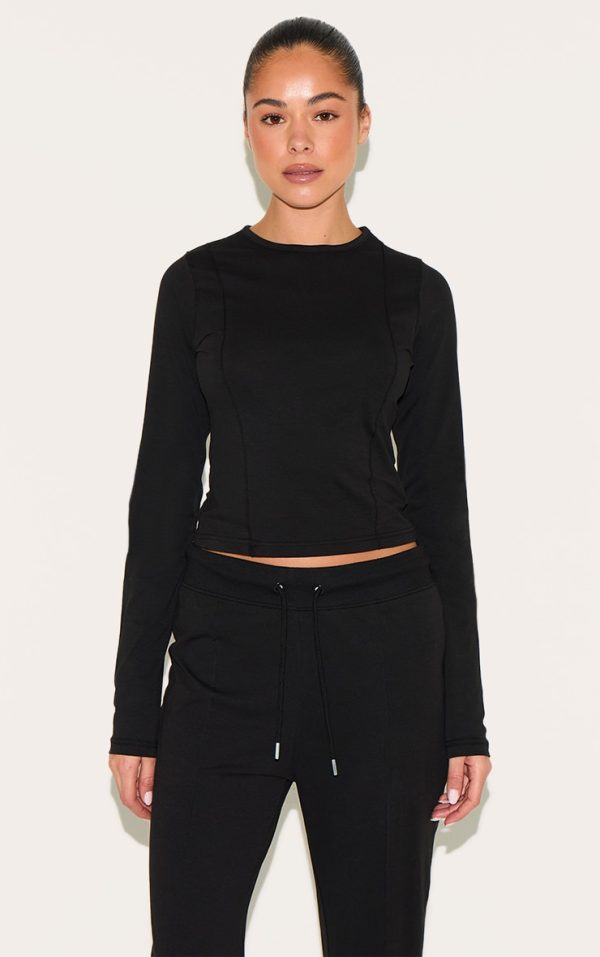 Black Cotton Seam Detail Long Sleeve Top