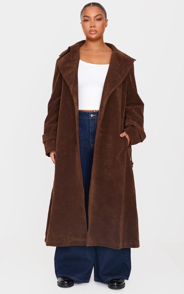 Plus Chocolate Faux Suede Belted Trench Coat