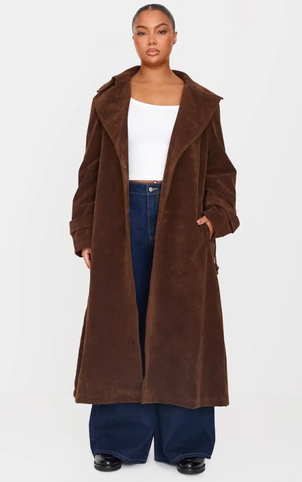 Plus Chocolate Faux Suede Belted Trench Coat