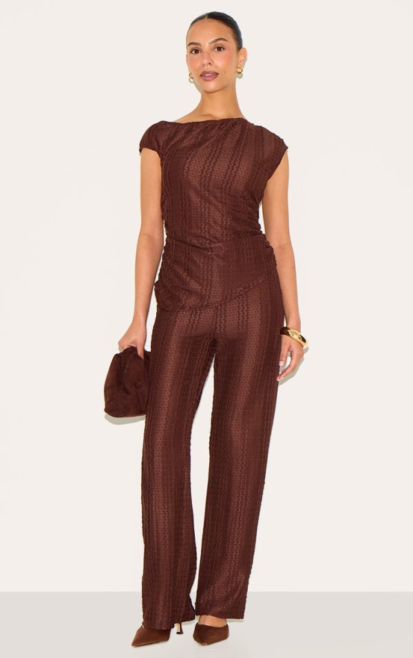 Petite Chocolate Textured Elasticated Wide Leg Pants