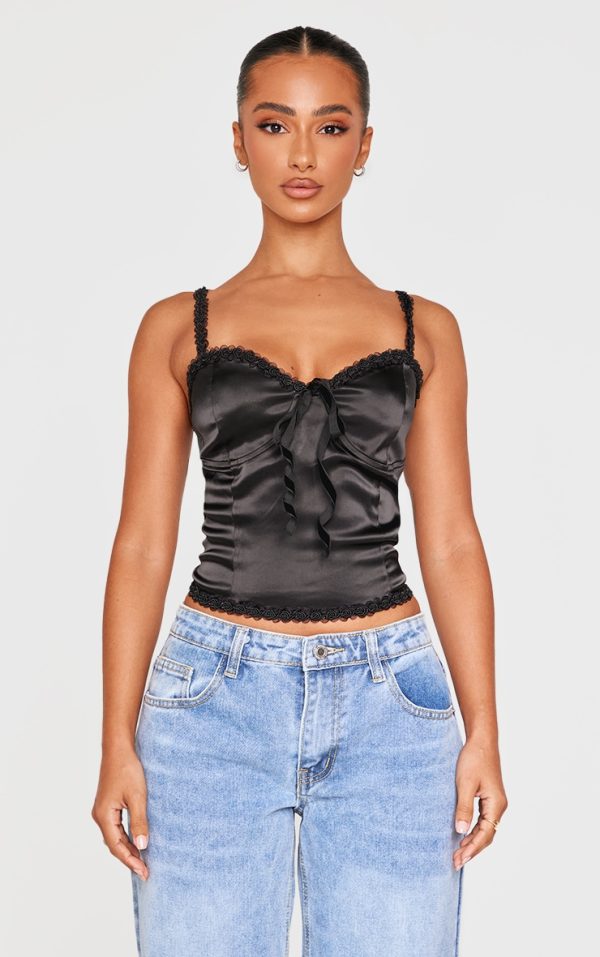 Petite Black Satin Rose Trim Detail Corset Top