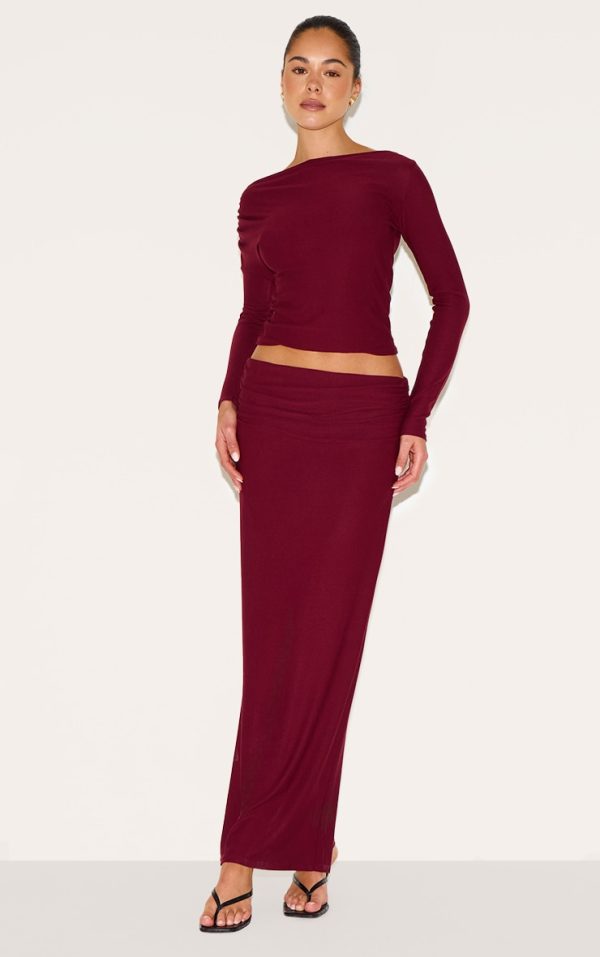 Wine Soft Touch Fold Over Maxi Skirt