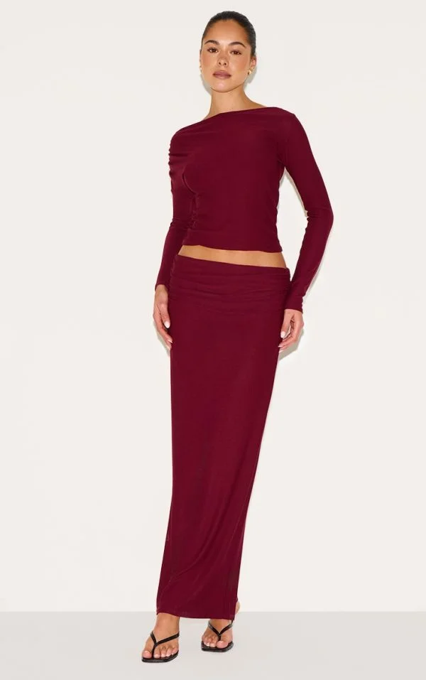 Wine Soft Touch Fold Over Maxi Skirt