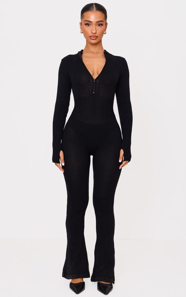 Petite Black Knitted Flared Zip Up Jumpsuit