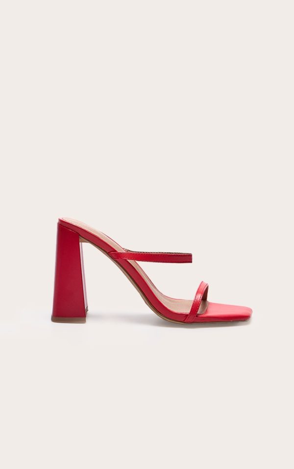 Red Pu Square Toe Double Strap High Block Heel Mules