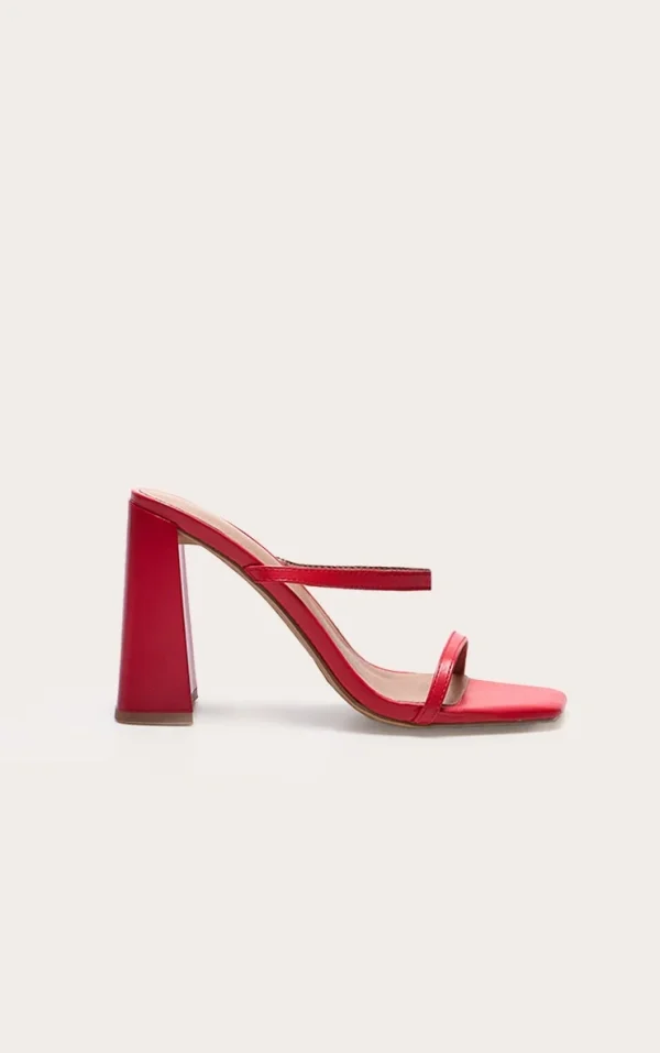 Red Pu Square Toe Double Strap High Block Heel Mules