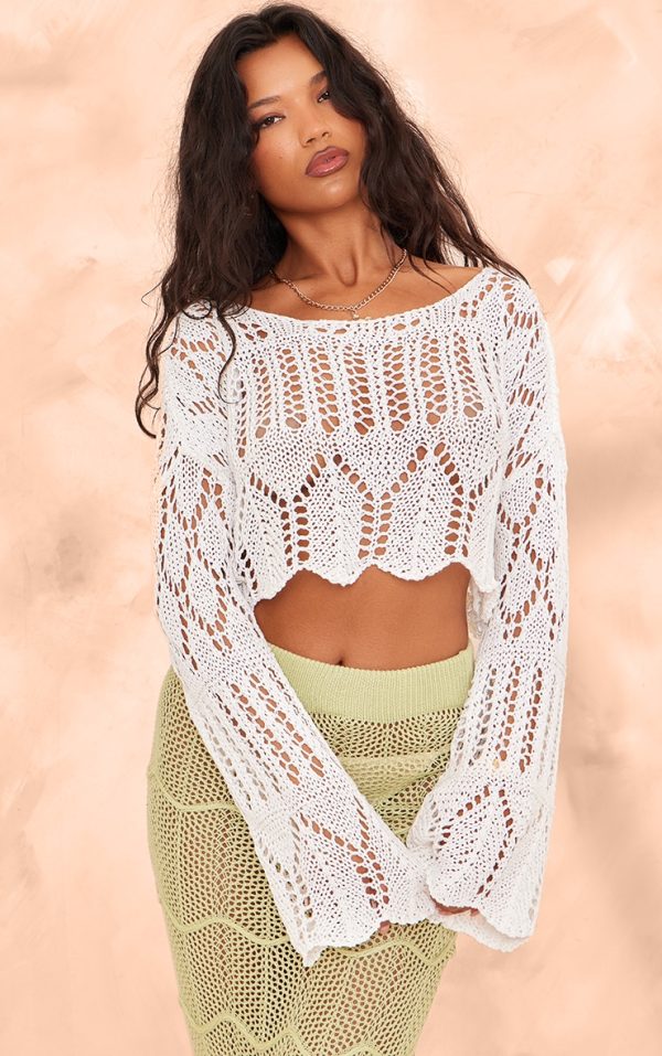 Off White Open Crochet Knit Slouchy Flared Sleeve Sweater