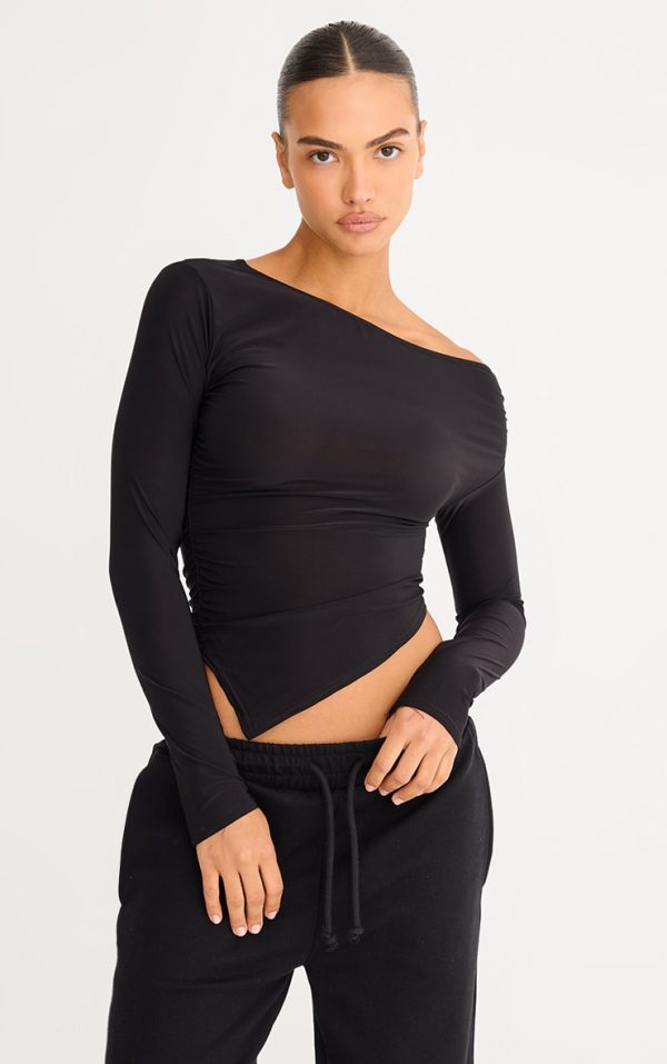 Black Soft Touch Asymmetric Ruched Long Sleeve Top