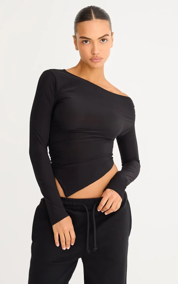Black Soft Touch Asymmetric Ruched Long Sleeve Top