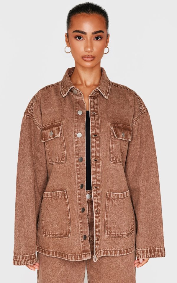Petite Washed Brown Denim Oversized Long Jacket