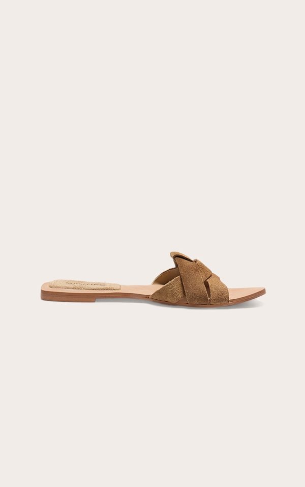 Beige Faux Suede Round Toe Flat Mule Sandals