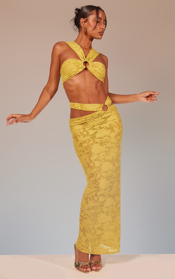 Lime Green Floral Sheer Burnout Ring Detail Maxi Skirt