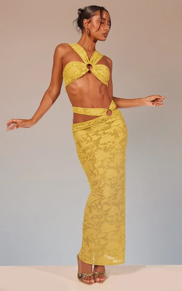 Lime Green Floral Sheer Burnout Ring Detail Maxi Skirt